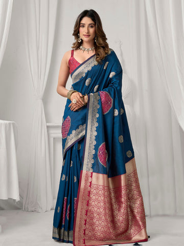 Monjolika Fashion Navy Blue Soft Banarasi Silk Blend Zari Woven Saree with Blouse Piece - Dista