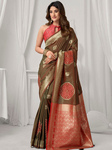 Monjolika Fashion Brown Soft Banarasi Silk Blend Zari Woven Saree with Blouse Piece - Dista