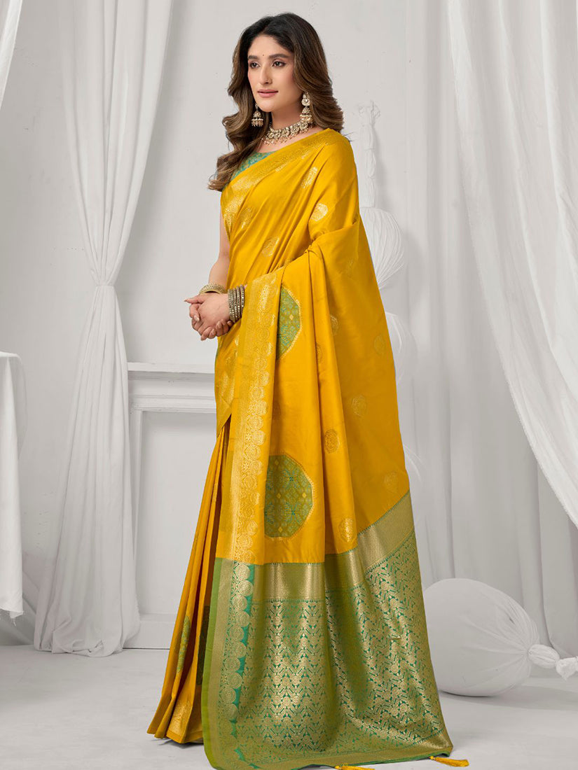 Monjolika Fashion Mustard Soft Banarasi Silk Blend Zari Woven Saree with Blouse Piece - Dista