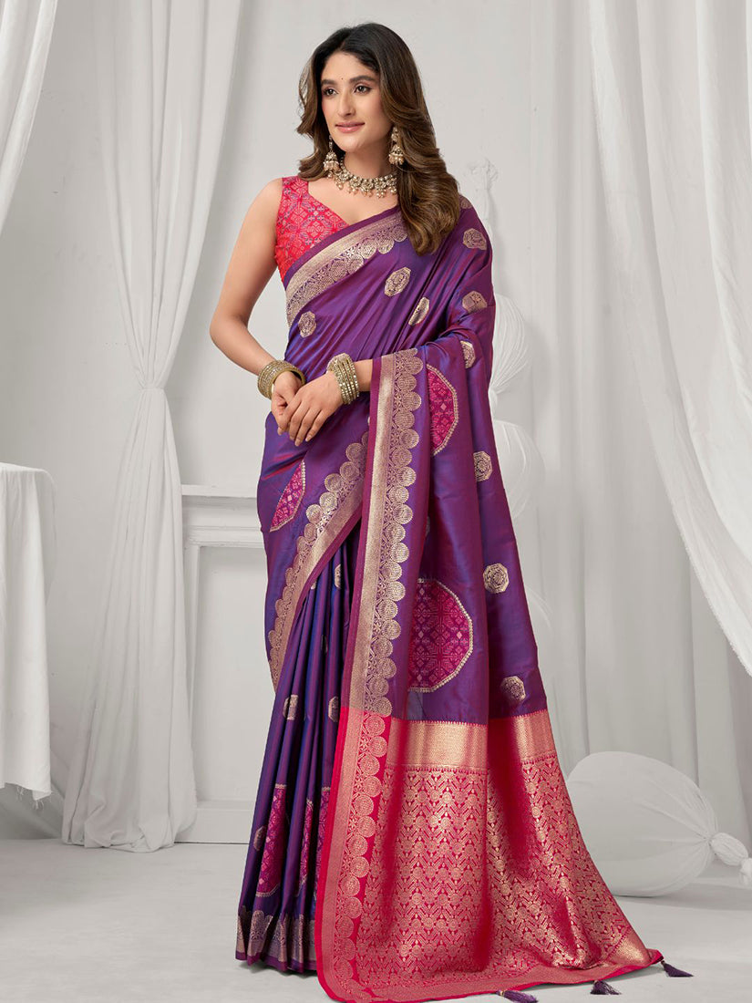 Monjolika Fashion Violet Soft Banarasi Silk Blend Zari Woven Saree with Blouse Piece - Dista