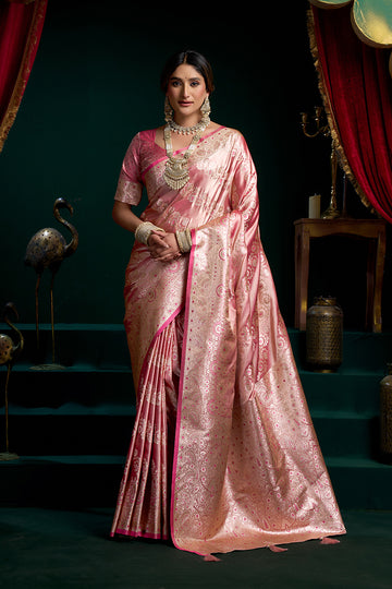 Monjolika Fashion Pink Soft Banarasi Satin Silk With Gold Zari Saree With Blouse Piece - Dista