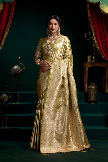 Monjolika Fashion Green Soft Banarasi Satin Silk With Gold Zari Saree With Blouse Piece - Dista