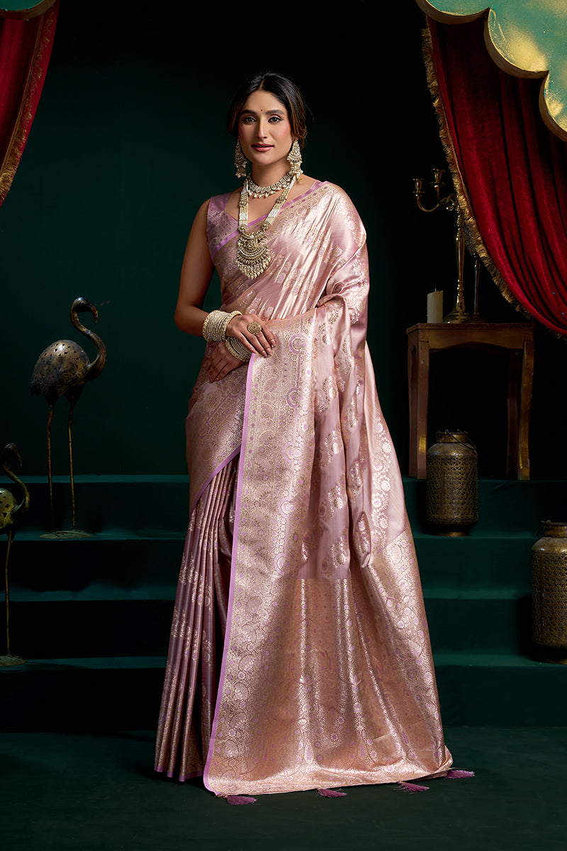 Monjolika Fashion Lavender Soft Banarasi Satin Silk With Gold Zari Saree With Blouse Piece - Dista