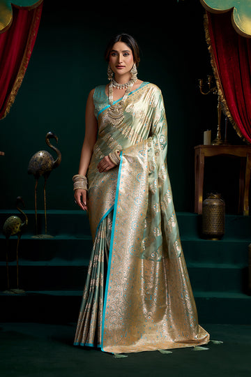 Monjolika Fashion Sea Green Soft Banarasi Satin Silk With Gold Zari Saree With Blouse Piece - Dista