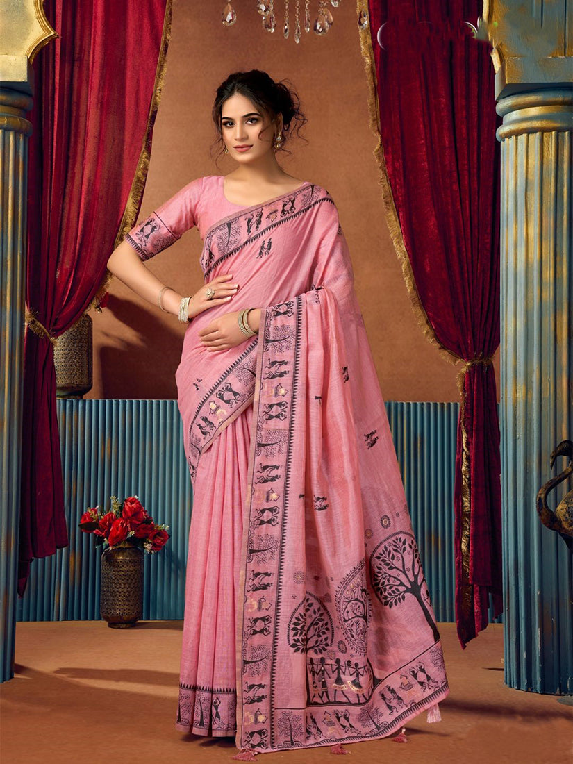 Monjolika Fashion Pink Cotton Blend Warli Work Saree with Unstitched Blouse - Dista
