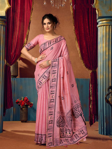 Monjolika Fashion Pink Cotton Blend Warli Work Saree with Unstitched Blouse - Dista