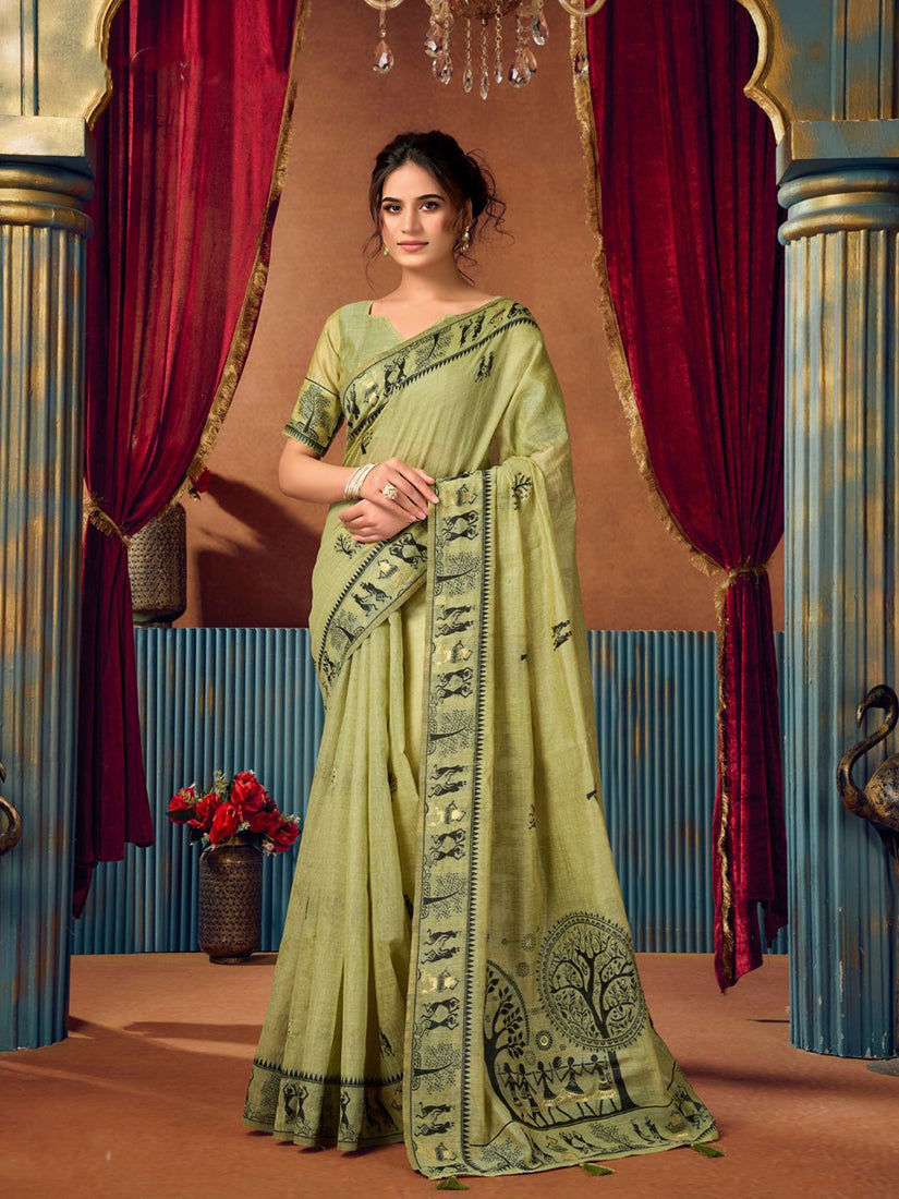 Monjolika Fashion Light Green Cotton Blend Warli Work Saree with Unstitched Blouse - Dista