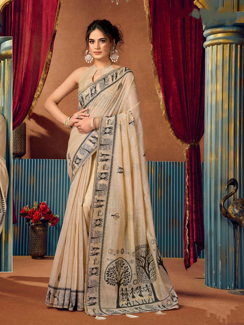 Monjolika Fashion Beige Cotton Blend Warli Work Saree with Unstitched Blouse - Dista