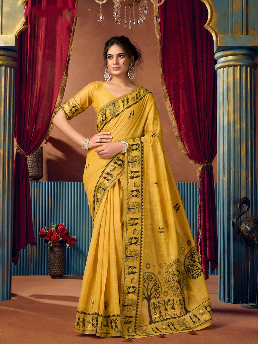 Monjolika Fashion Mustard Cotton Blend Warli Work Saree with Unstitched Blouse - Dista