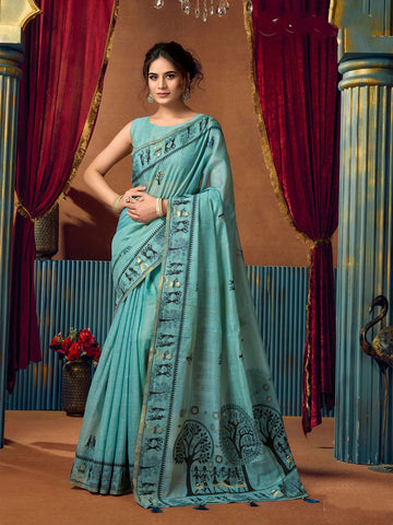Monjolika Fashion Aqua Blue Cotton Blend Warli Work Saree with Unstitched Blouse - Dista