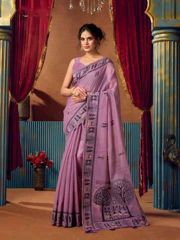 Monjolika Fashion Lavender Cotton Blend Warli Work Saree with Unstitched Blouse - Dista