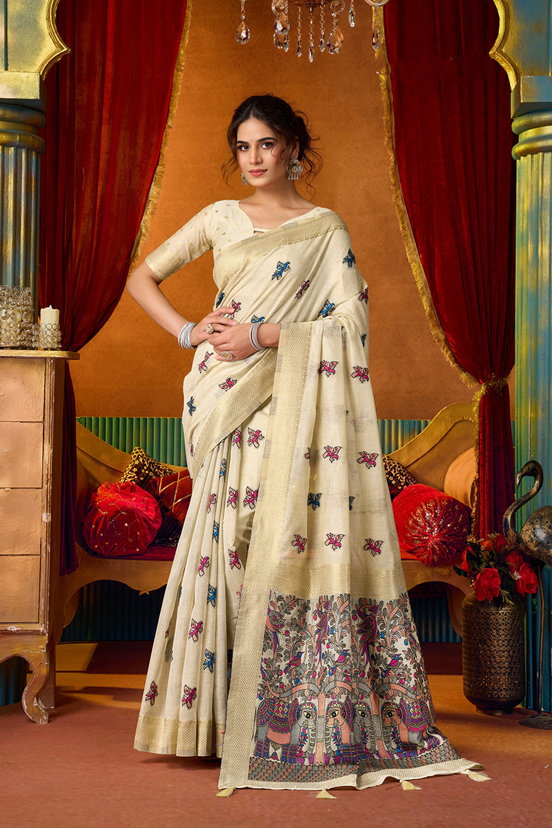 Monjolika Fashion Cream Cotton Blend Saree With Traditional Ethnic Motifs And Includes Blouse Piece - Dista
