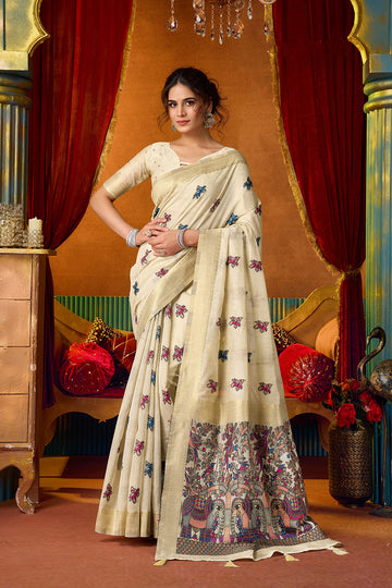 Monjolika Fashion Cream Cotton Blend Saree With Traditional Ethnic Motifs And Includes Blouse Piece - Dista