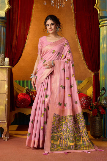 Monjolika Fashion Pink Cotton Blend Saree With Traditional Ethnic Motifs And Includes Blouse Piece - Dista