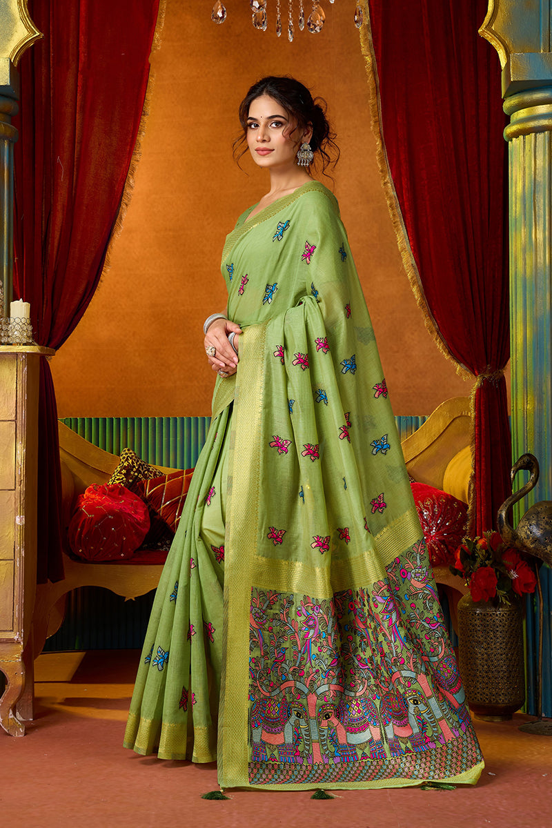 Monjolika Fashion Light Green Cotton Blend Saree With Traditional Ethnic Motifs And Includes Blouse Piece - Dista