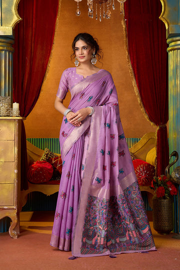 Monjolika Fashion Lavender Cotton Blend Saree With Traditional Ethnic Motifs And Includes Blouse Piece - Dista