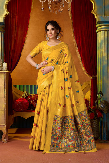 Monjolika Fashion Mustard Cotton Blend Saree With Traditional Ethnic Motifs And Includes Blouse Piece - Dista
