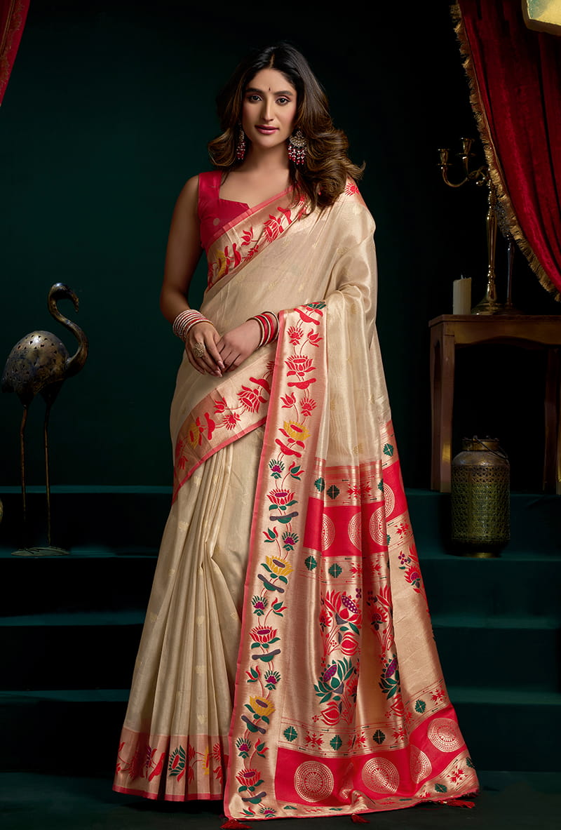 Monjolika Fashion Cream Soft Tissue Silk Blend Paithani Style Saree with Blouse Piece - Dista