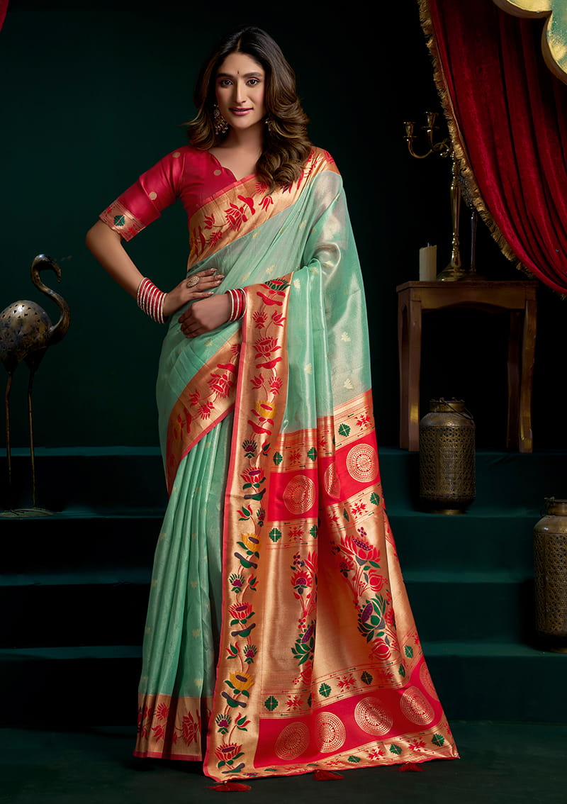 Monjolika Fashion Sea Green Soft Tissue Silk Blend Paithani Style Saree with Blouse Piece - Dista