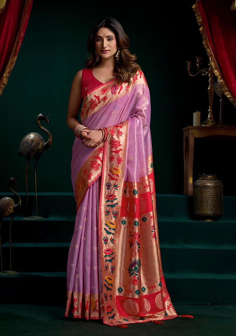 Monjolika Fashion Lilac Soft Tissue Silk Blend Paithani Style Saree with Blouse Piece - Dista