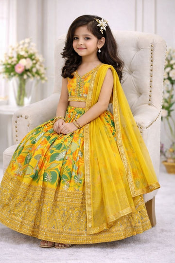 Evanik Yellow Georgette Digital Printed Wedding Kids Lehenga Choli - Dista