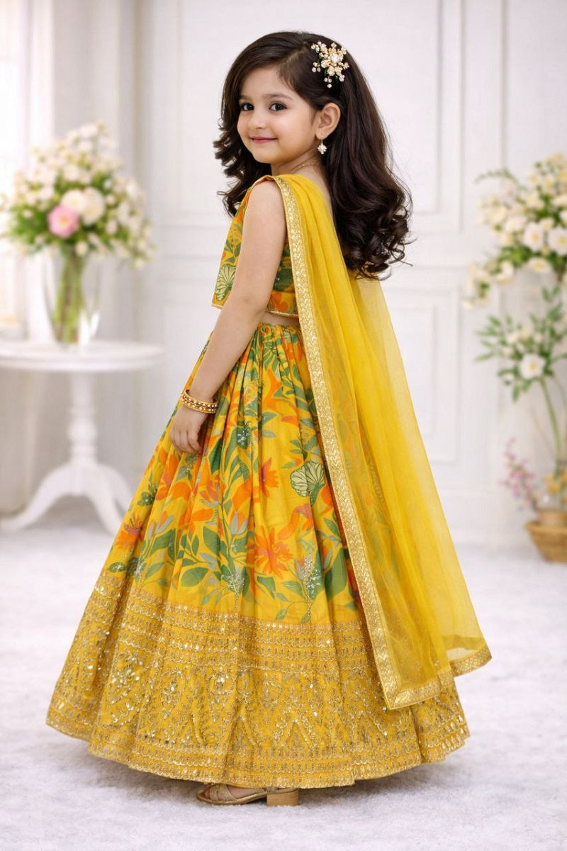 Evanik Yellow Georgette Digital Printed Wedding Kids Lehenga Choli - Dista