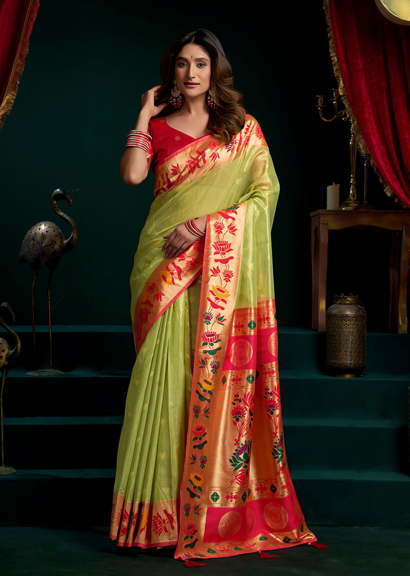 Monjolika Fashion Light Green Soft Tissue Silk Blend Paithani Style Saree with Blouse Piece - Dista