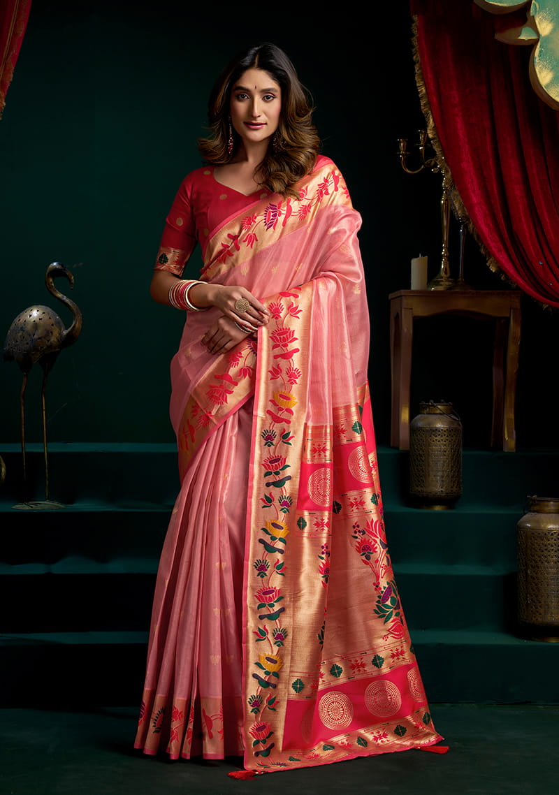 Monjolika Fashion Pink Soft Tissue Silk Blend Paithani Style Saree with Blouse Piece - Dista