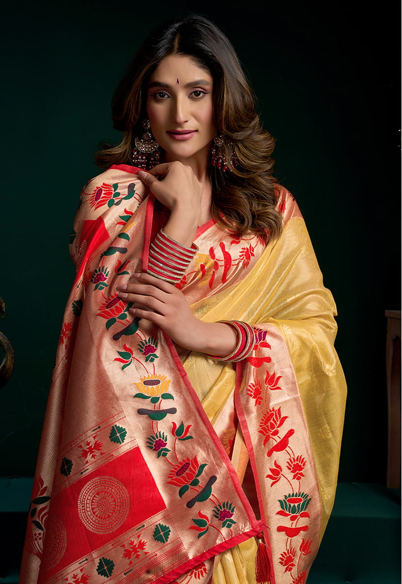 Monjolika Fashion Yellow Soft Tissue Silk Blend Paithani Style Saree with Blouse Piece - Dista