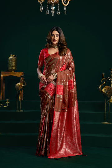 Monjolika Fashion Dark Brown Soft Banarasi Silk Blend Zari Weaving Saree With Blouse Piece - Dista