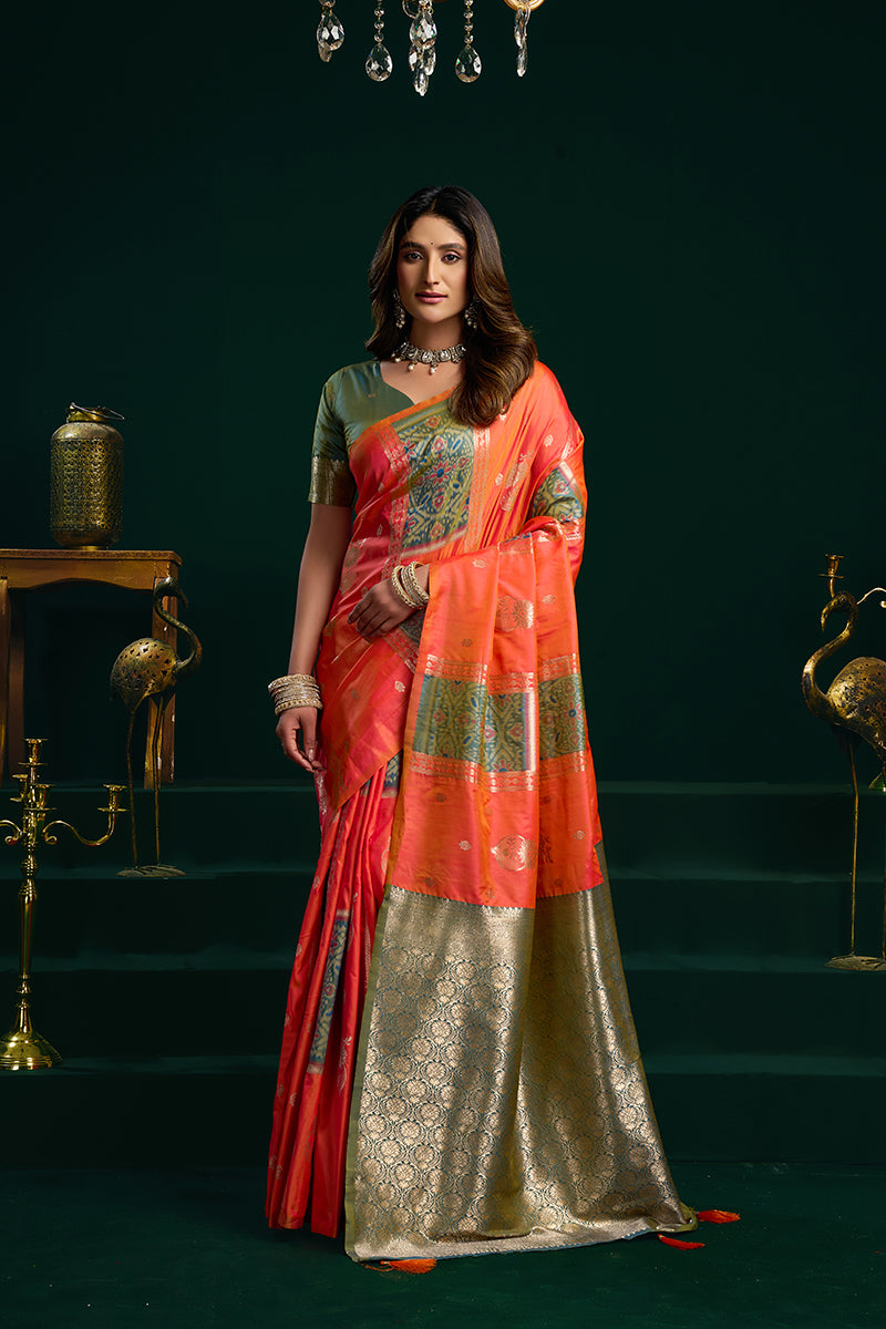 Monjolika Fashion Orange Soft Banarasi Silk Blend Zari Weaving Saree With Blouse Piece - Dista