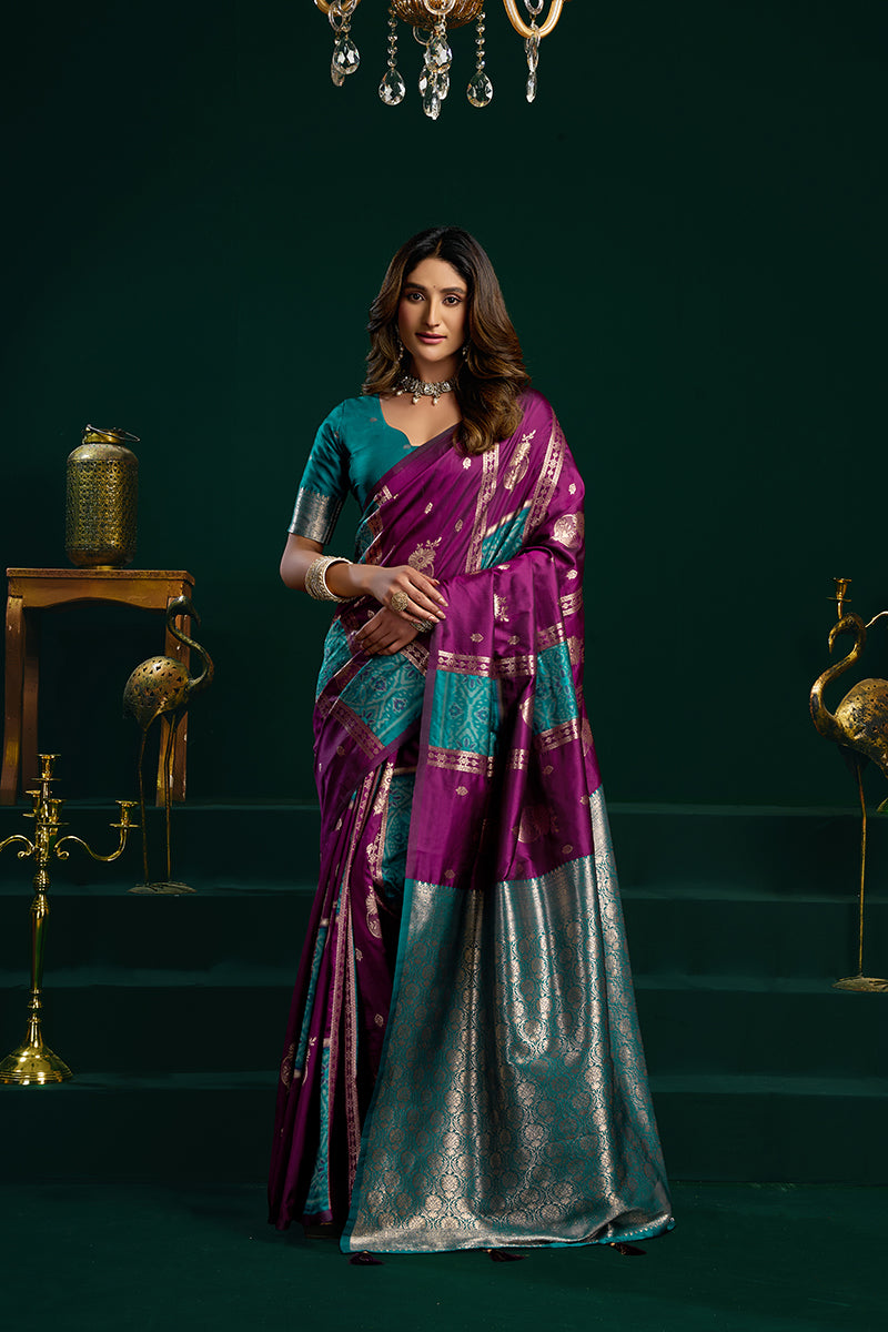 Monjolika Fashion Purple Soft Banarasi Silk Blend Zari Weaving Saree With Blouse Piece - Dista