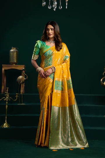 Monjolika Fashion Mustard Soft Banarasi Silk Blend Zari Weaving Saree With Blouse Piece - Dista