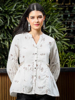 Thumbnail for Yufta Brown And White Cotton Linen Flare Shirt Style Top