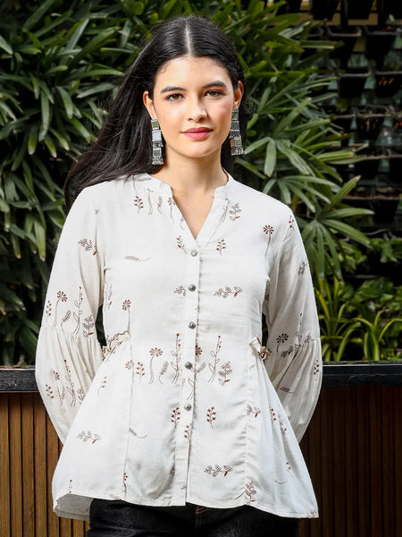Yufta Brown And White Cotton Linen Flare Shirt Style Top