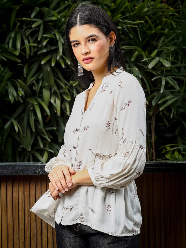 Yufta Brown And White Cotton Linen Flare Shirt Style Top