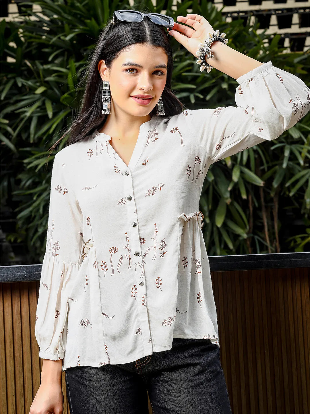 Yufta Brown And White Cotton Linen Flare Shirt Style Top