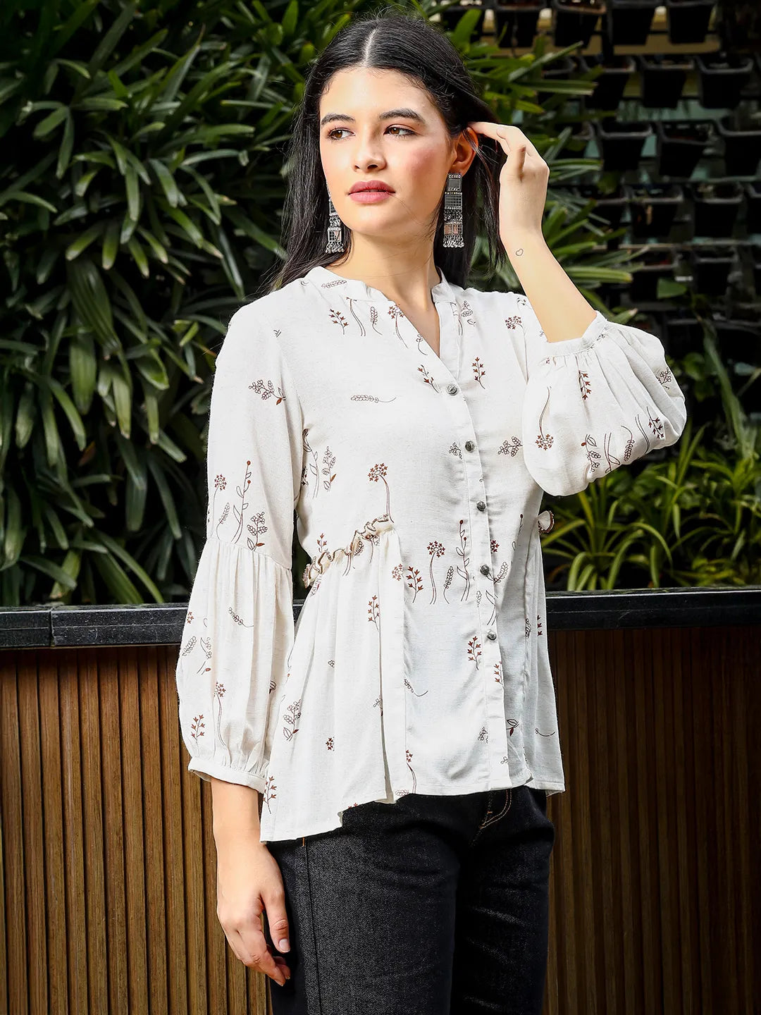 Yufta Brown And White Cotton Linen Flare Shirt Style Top