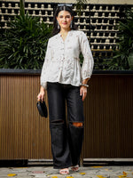 Thumbnail for Yufta Brown And White Cotton Linen Flare Shirt Style Top