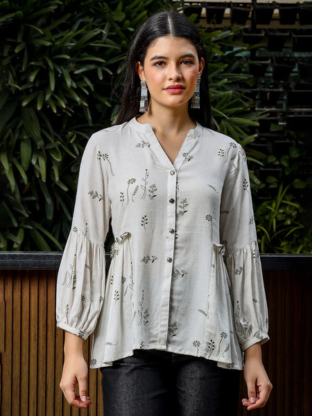 Yufta Green And White Cotton Linen Flare Shirt Style Top