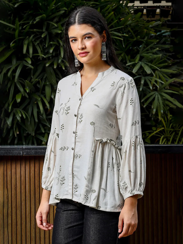 Yufta Green And White Cotton Linen Flare Shirt Style Top