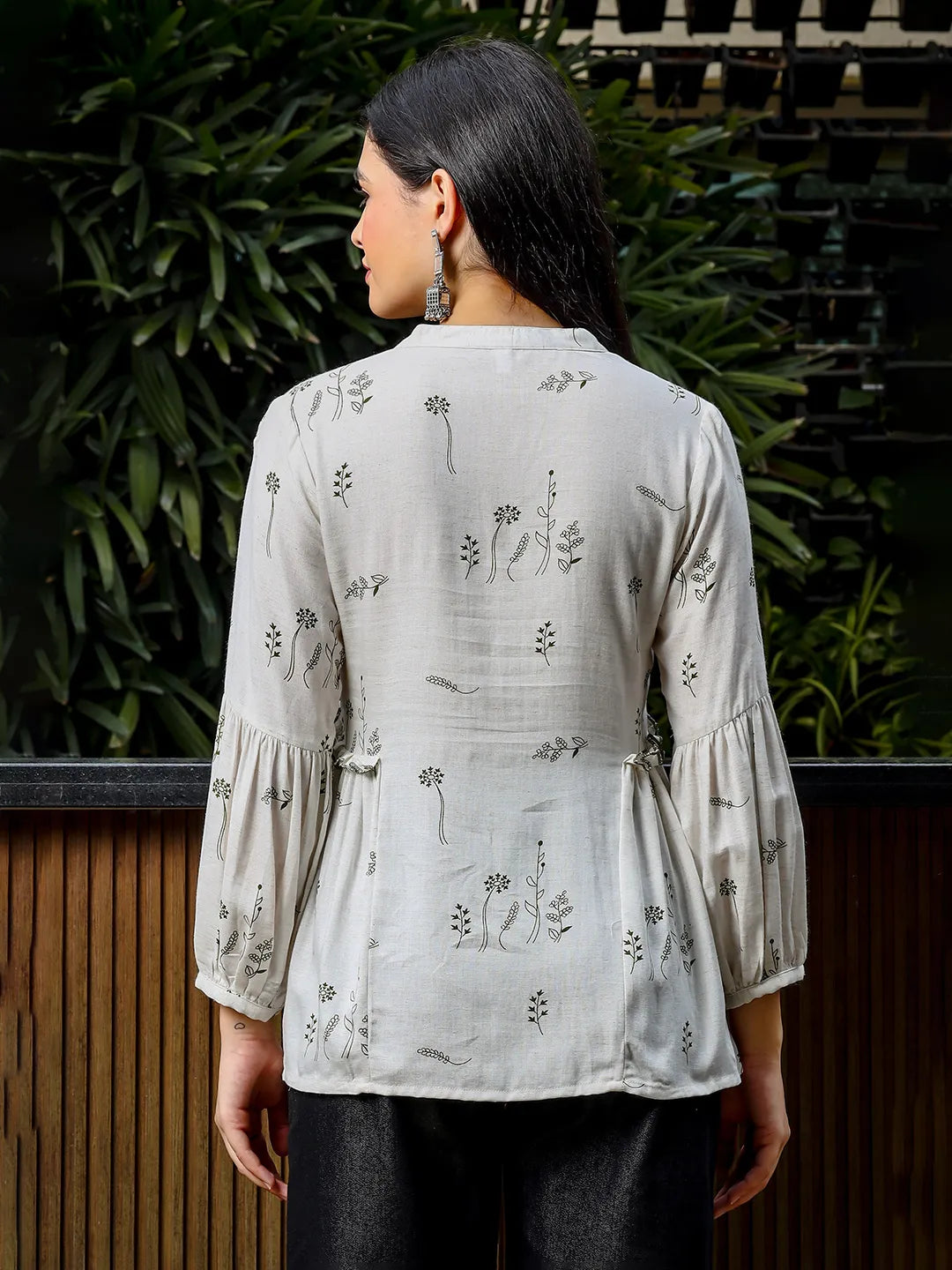 Yufta Green And White Cotton Linen Flare Shirt Style Top