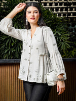 Thumbnail for Yufta Green And White Cotton Linen Flare Shirt Style Top