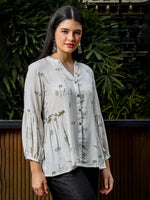Thumbnail for Yufta Green And White Cotton Linen Flare Shirt Style Top