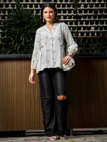 Thumbnail for Yufta Green And White Cotton Linen Flare Shirt Style Top