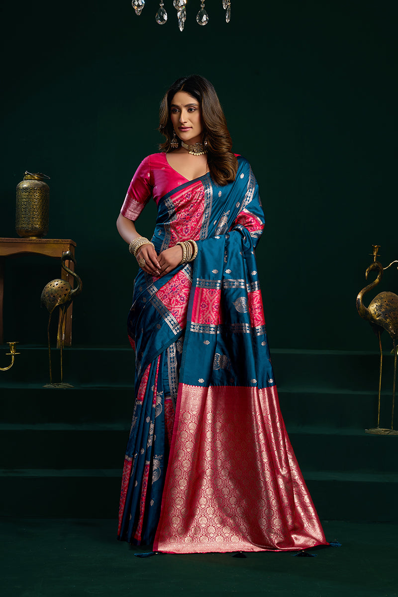 Monjolika Fashion Teal Blue Soft Banarasi Silk Blend Zari Weaving Saree With Blouse Piece - Dista