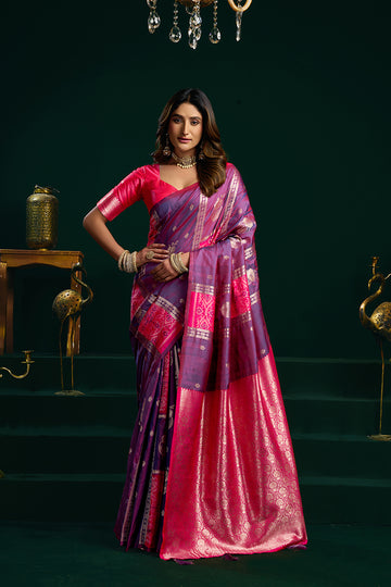 Monjolika Fashion Violet Soft Banarasi Silk Blend Zari Weaving Saree With Blouse Piece - Dista