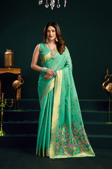 Monjolika Fashion Sea Green Cotton Blend Saree with Floral Meenakari Pallu and Gold Zari Border - Dista