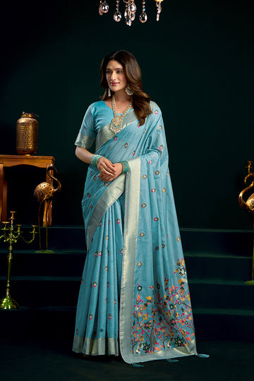Monjolika Fashion Sky Blue Cotton Blend Saree with Floral Meenakari Pallu and Gold Zari Border - Dista