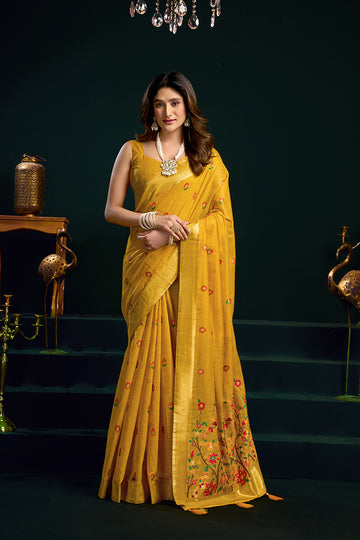 Monjolika Fashion Mustard Cotton Blend Saree with Floral Meenakari Pallu and Gold Zari Border - Dista